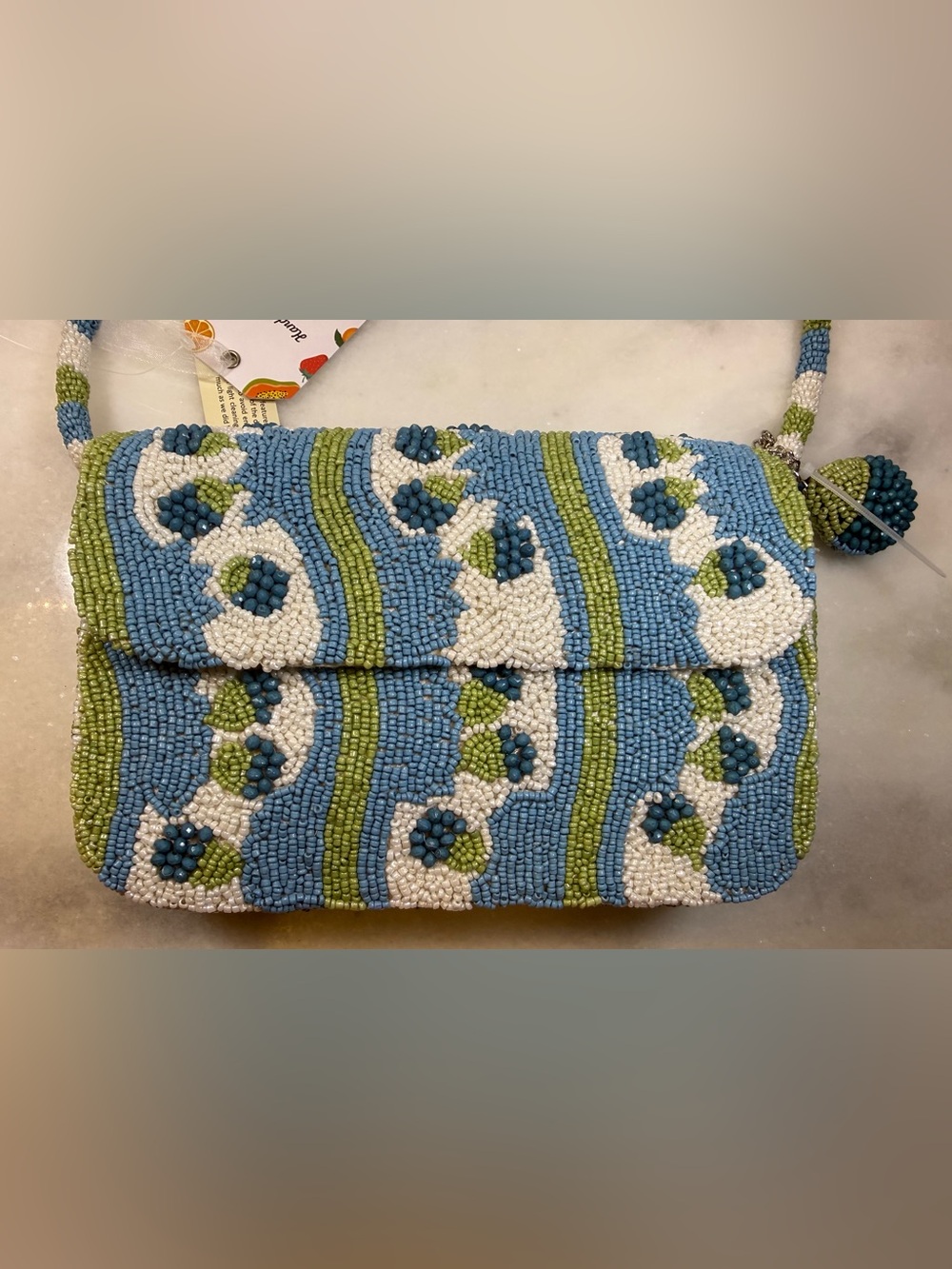 VIRAL Beaded Bag Blueberries, Cream/Yoghurt Design Blue White Stripes +Charm NWT